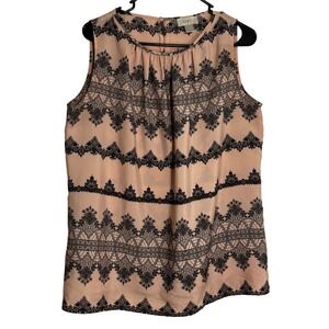 Loft Ann Taylor Sleeveless Blouse Peach Black Lace Print Damask Pleated Top L